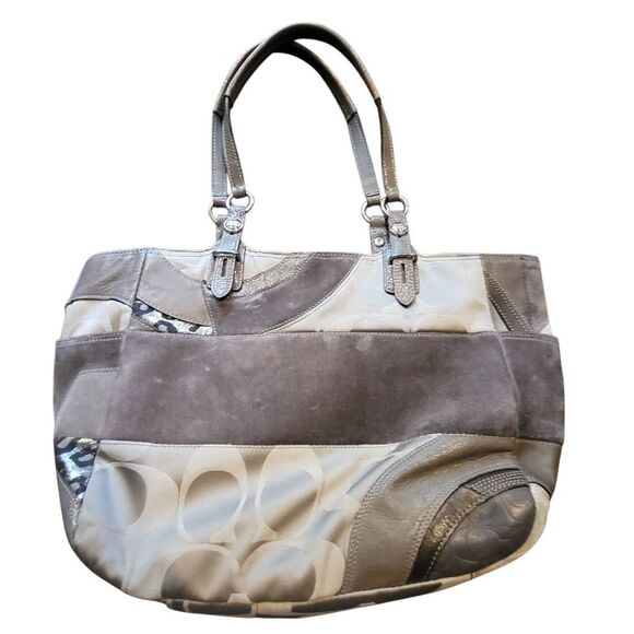 Coach Tote Bag Pewter Grey Large Ocelot Patchwork Mixed Media Leather Canvas - Picture 4 of 9